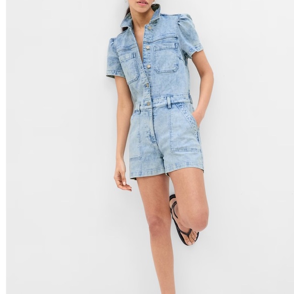 Gap Puff Sleeve Denim Romper With Washwell In Acid Wash Sz 8Tall - Picture 1 of 5